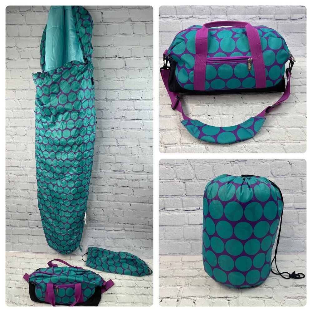 Kids Polka Dot Sleeping Bag & Matching Overnight Duffel Bag Set Wildkin Olive